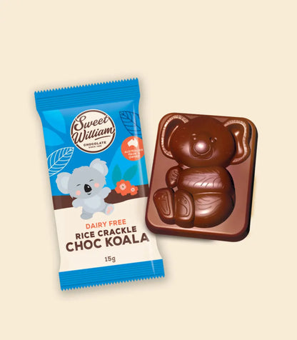 Chocolate koala shaped bar next to its packaging on a beige background