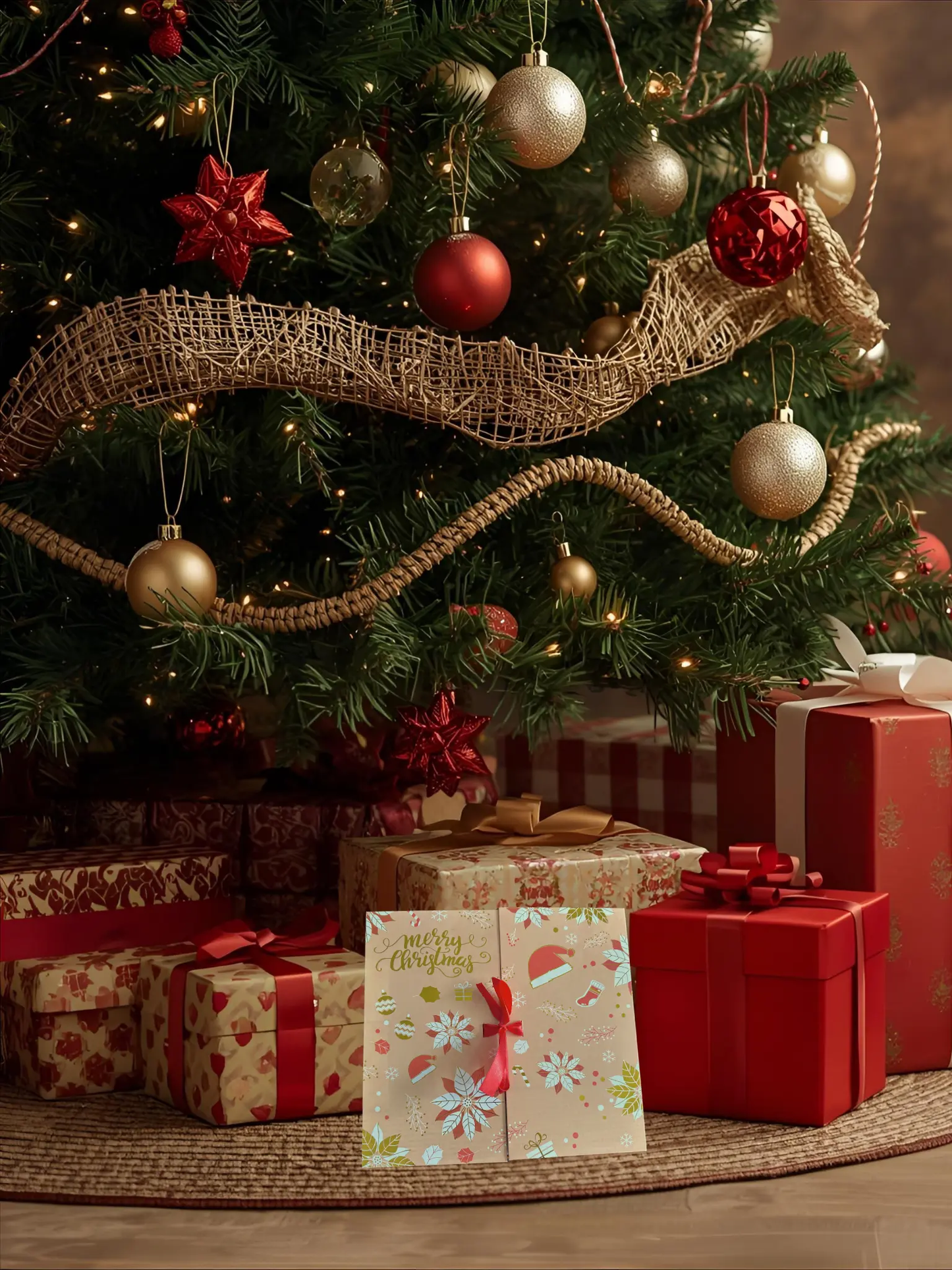 The christmas advent calendar next to a decorated Christmas tree with ornaments and presents on a wooden floor.