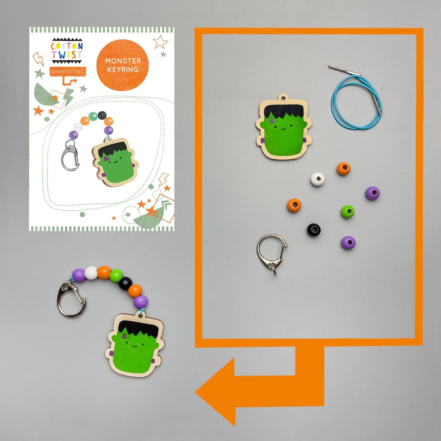 Monster keyring kit with green monster design on a gray background