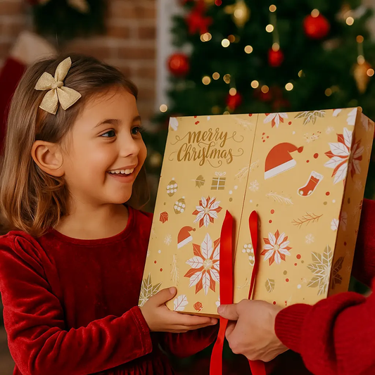 Child receiving a Christmas advent calendar gift with festive patterns and decorations.