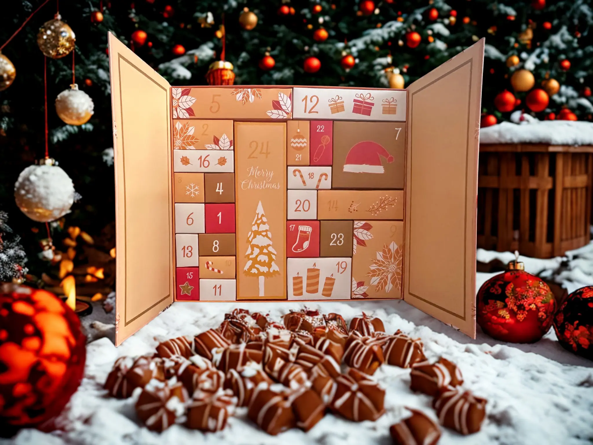 Open Christmas advent calendar with chocolate treats in front of a Christmas tree