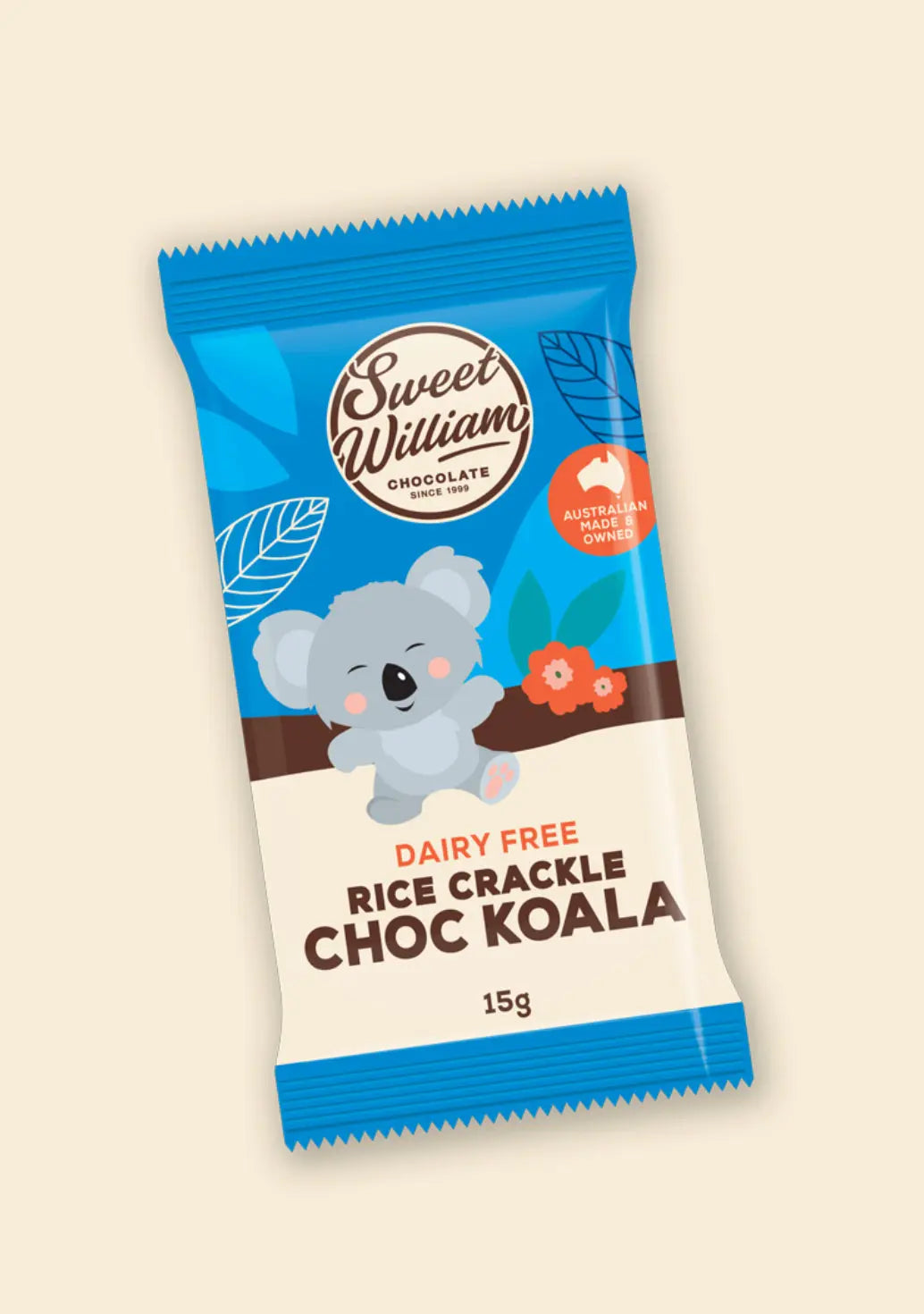 Dairy-free rice crackle choc koala package with Sweet William Chocolate branding on a beige background