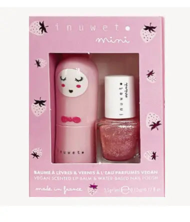 Miniature lip balm and nail polish set in pink packaging with 'inu wet' branding.